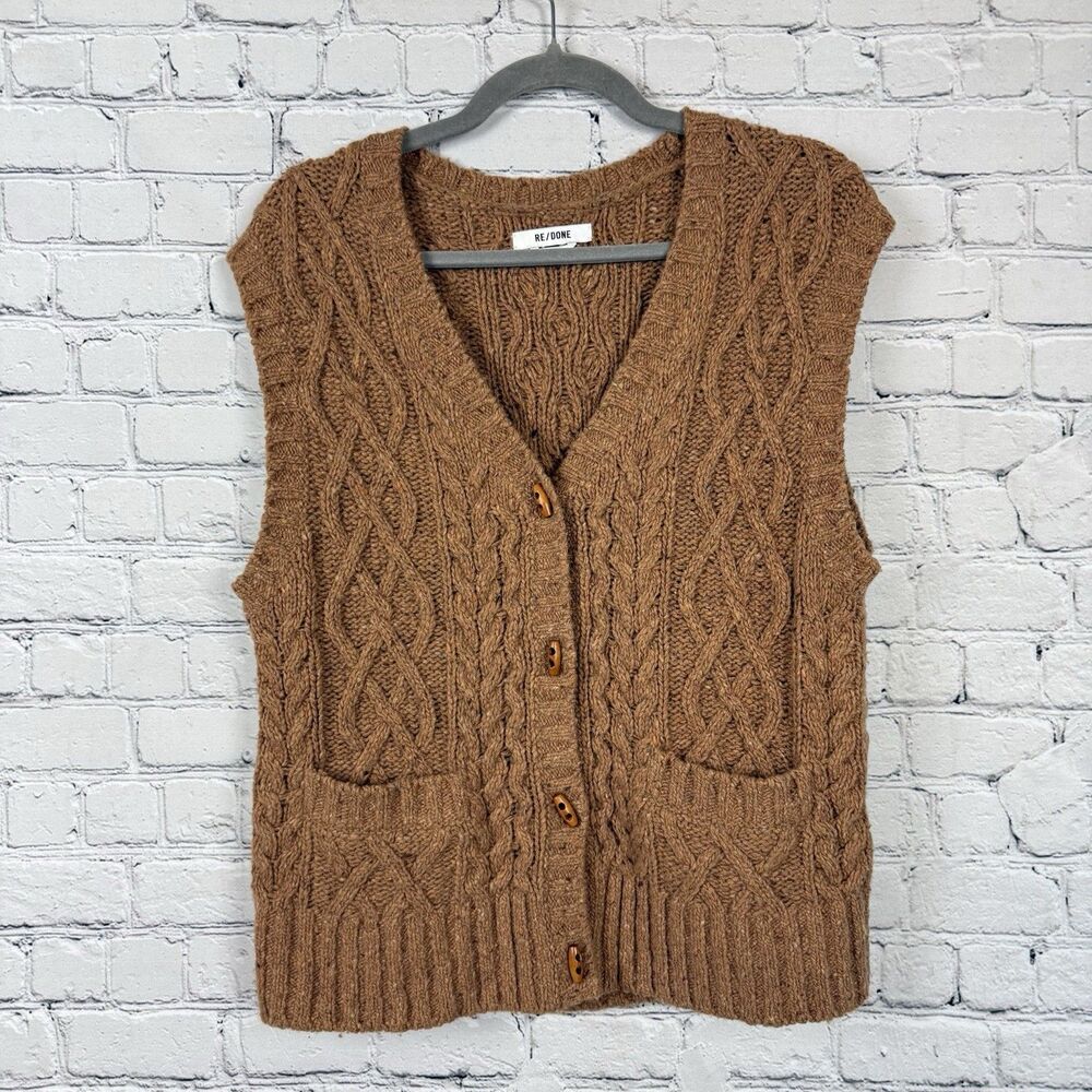 RE/DONE 50s Donegal Cable Knit Cardigan Vest Women M Wool Blend Caramel Toggle